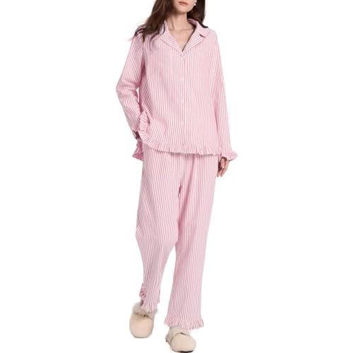 Womens Cotton Pajama Sets Long Sleeve Button Down Striped 2 Piece Pjs Ruffle Sleepwear with Long Pants Lounge Set