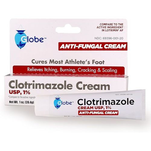 Globe Clotrimazole Antifungal Cream 1% USP (1 oz), Anti Fungal Treatment, Relieves Itching, Burning, Cracking and Scaling Associated Athletes Foot, Jock Itch, Ringworm and More
