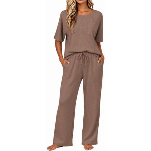 JiniGolla Womens Pajama Sets Waffle Knit Short Sleeve Shirt with Long Pajama Pants Soft Sleepwear Pj Lounge Sets