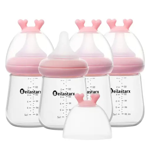 Glass Baby Bottles with Natural Response Nipple Size S - Anti Colic Baby Bottles Wide Neck Slow Flow Baby Bottle (Red, 6oz (Pack of 4))