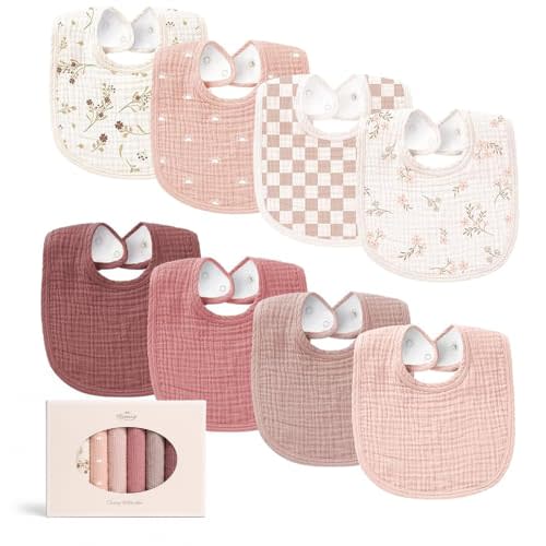 Konssy 8-Pack Muslin Baby Bibs, Adjustable Fit for Drooling and Teething | Soft Absorbent, Drool Bibs for Baby Boys Girls, Cotton Front with Fleece Backing, Newborn to Toddler 0-36M