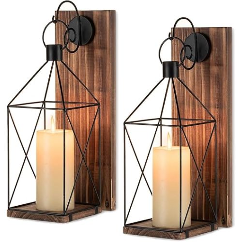 Candle Sconces Wall Decor: Set of 2 Farmhouse Wood Candle Holder Indoor Black Metal Lantern Decorations for Living Room Front Porch Yard