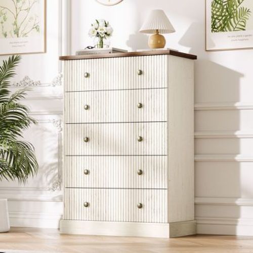5 Drawer Tall Dresser for Bedroom, Fluted Vertical Chest of Drawers, Wood Storage Dresser with Metal Handles, Space Saving Dresser,White & Brown