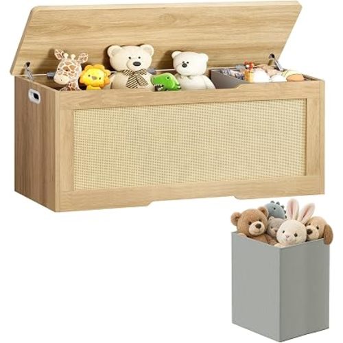 usikey 47.2" Large Storage Chest with Fabric Drawer, Toy Box with Safety Hinges, Extra Wide Storage Bench for Bedroom, Living Room, Entryway, Supports 300 lb
