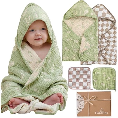 Muslin Baby Towel Set, 4-Piece Newborn Gift with 2 Bath & 2 Washcloths, Baby Shower Ready, Earthy Botanicals Theme 32" X 32"