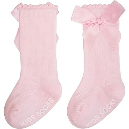 Baby Knee High Socks Girl Non Slip Toddler Stockings Cotton Bow Ruffle Newborn Long Socks Infant Dress Sock 0-6M/6-12M/1-3Y