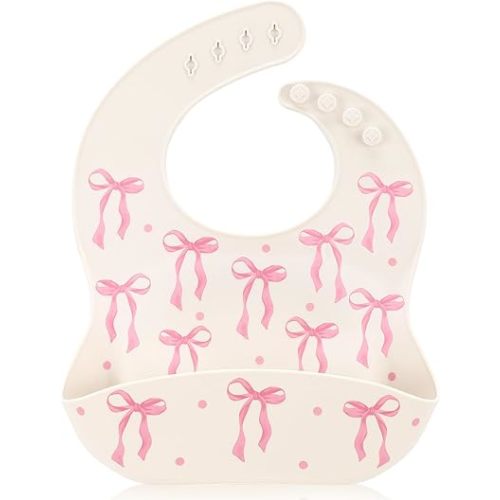 Remerry Silicone Bib for Baby Girls, Pink Waterproof Feeding Bib with Pocket Adjustable for Baby Toddlers Drooling Teething