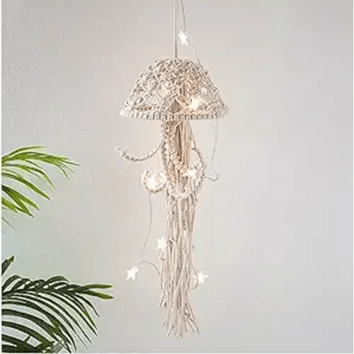 Macrame Wall Hanging,Jellyfish Dream Catcher with Star Lights,Bohemian Woven Wall Art Decor Beautiful Apartment Dorm Room Door Decoration (White)