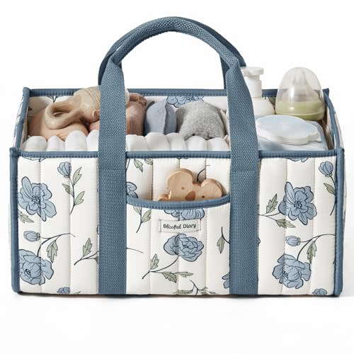 Blissful Diary Floral Diaper Caddy Organizer, Stylish Nursery Storage Basket, Gift for Baby Shower, Newborn Essentials, Peony Blue
