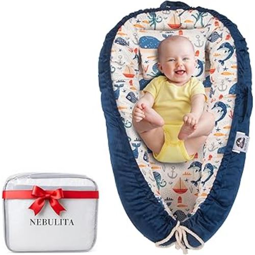 Newborn Lounger Blue - Flexible & Portable w/Infant Support Cushion, Soft & Breathable 100% Cotton - Multi-Use Supervised Baby Lounger for Floor, Travel, Changing Mat Alternative - Basic