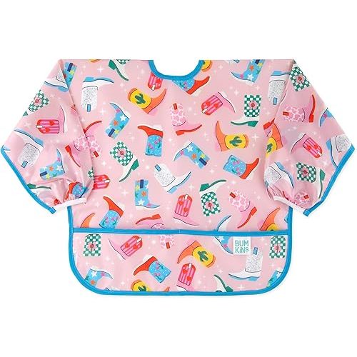 Bumkins Sleeved Bib for Girl or Boy Baby and Toddler for 6-24 Mos, Essential Must Have for Eating, Feeding, Baby Led Weaning Supplies, Long Sleeve Mess Saving Food Catcher, Soft Fabric, Cowgirl Boots