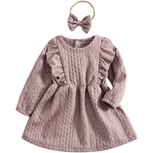 Baby Girl Knit Dress Long Sleeves Sweater Dress Toddler Fall Winter Outfits with Bowtie
