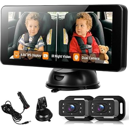 Dual Baby Car Monitor for 2 Kids - 6.86 Inch IPS Split Display with 2 IR Night Vision Camera, Dual Channel Car Baby Monitor Easily Install for Rear Facing Seat Backseat Camera for Baby