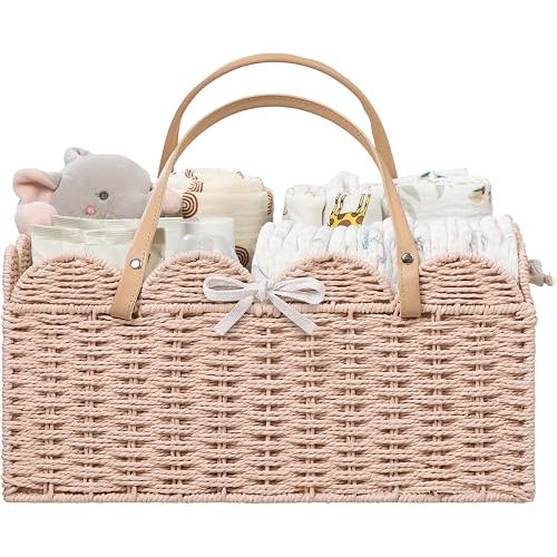 HBlife Baby Diaper Caddy, Paper Rope Storage Baskets Nursery Bin with Removable Divider, Portable Car Organizer for Diapers, Baby Shower Gifts, Newborn Essentials Must Haves