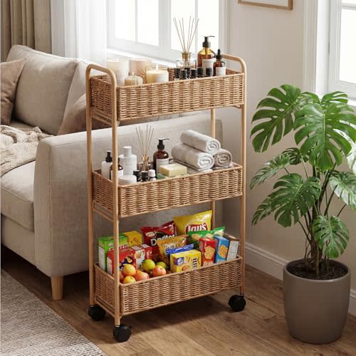 FOCHIER F Utility Slim Storage Cart,3-Tier Rolling Kitchen Office Laundry Room Cart,Mobile Shelving Unit Organizer for Living Room Bathroom Baby Diaper Narrow Places (Natural, 3 Tiers-7.1 inch (W))