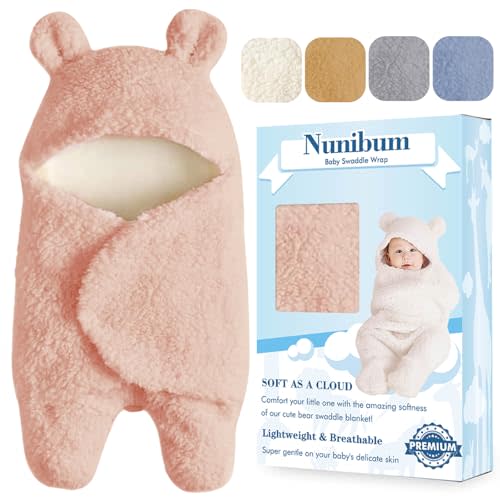 Nunibum Baby Swaddle Blanket Boys Girls Cute Bear Plush Essential Receiving Blanket Ultra-Soft Newborn Registry Sleeping Wraps for Infant 0-6 Months - Pink