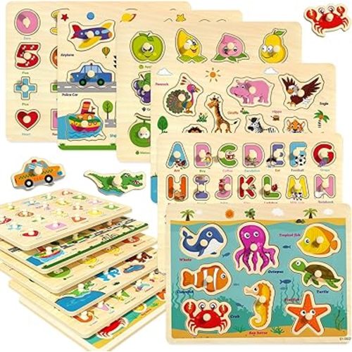 Wooden Peg Puzzles for Toddlers 2-4, 6 Pack Educational Peg Puzzles Montessori Toys, Learning Puzzles for Kids Girs Boys 1-3 3-5 with Alphabet Number Animal Vehicle Shape