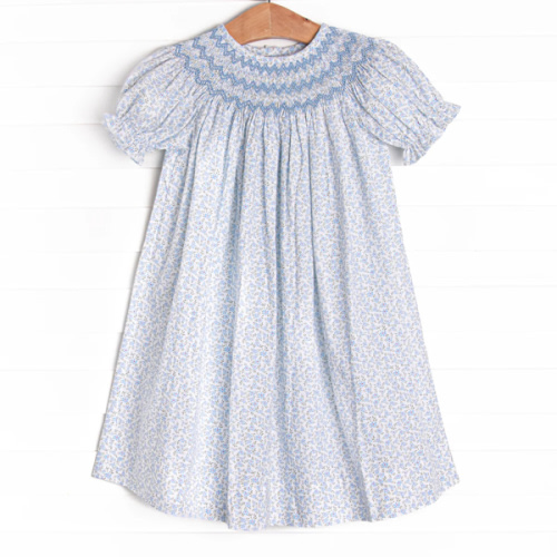 Blue Blooms Puff Sleeve Smocked Dress, White – Stitchy Fish