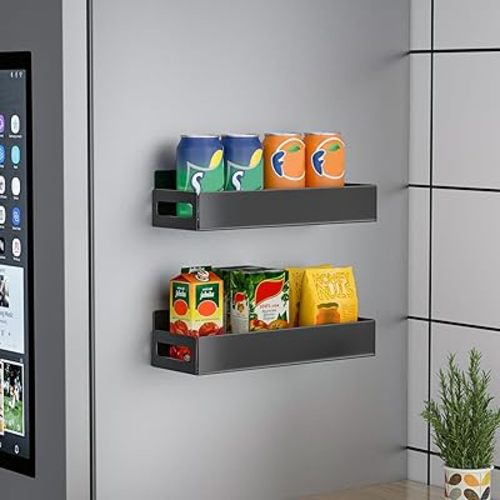 Magnetic Spice Rack for Refrigerator, Strong Magnetic Shelf for Refrigerator, Metal Magnetic Fridge Organizer, Kitchen Organization, Spice & Seasoning Organizer, Kitchen Gadgets (2 Pack Black)
