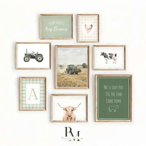 Farm Nursery Wall Art Set of 8 Prints, Tractor & Highland Cow Baby Room Decor, Custom A–Z Initial Print, Green Farmhouse Gallery Digital Set