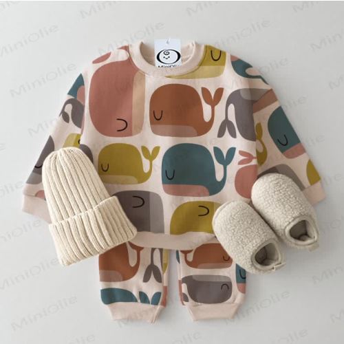 Baby Cute Cartoon Whale Sweatshirt 2-piece Beige Set