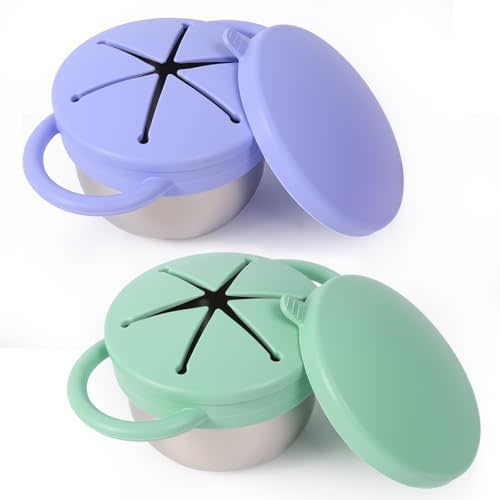 2 Pack Stainless Steel Spill Proof Snack Cup for Baby Toddlers Kids, with Silicone Food Catcher, Travel Lid, Spill-Proof Bowl Containers, Toddlers Essentials, Non Toxic BPA Free