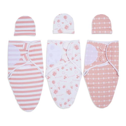 3 Pack Baby Girl Cotton Swaddle Wrap with Matching Hats, Soft Breathable Adjustable Newborn Anti Startle Swaddling Blanket for 0-3 Months Infant