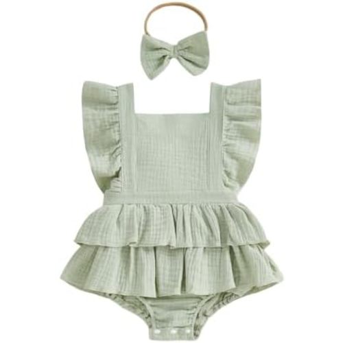 Thorn Tree Baby Girl Summer Clothes Newborn Outfit Ruffle Romper Infant Baby Dress Bow Headband Solid Cute Outfits Girls