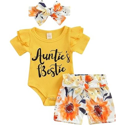 Newborn Baby Girl Auntie Outfits Auntie's Bestie Short Sleeve Ribbed Romper Floral Shorts Clothes with Headband