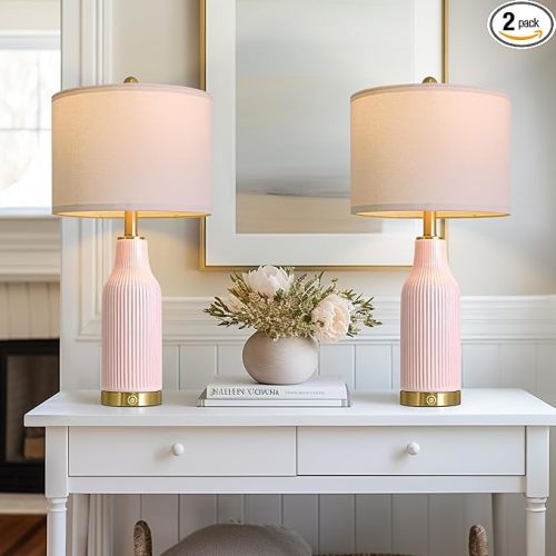 USumkky 24.5" Modern 3-Way Dimmable Touch Control with 5FT Cord & USB A+C Ceramic Lamps Set of 2 Table Lamp for Living Room Bedroom Farmhouse Nightstand Bedside Pink