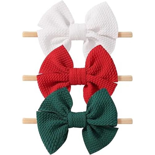 yoyokid 3PCS Baby Girl Bows Headband, 4" Christmas Hair Bows Headbands Elastic Nylon Hairbands for Newborn Kids Infants Toddlers, Red Green White