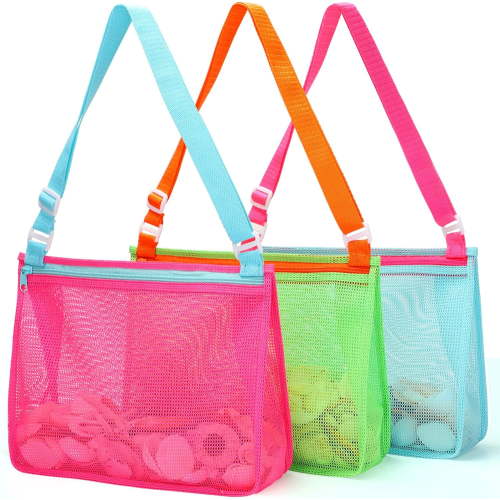 Beach Toy Mesh Beach Bag Kids Shell Collecting Bag Beach Sand Toy Shells Beach Toys Swimming Accessories for Boys and Girls(Only Bags,A Set of 3)