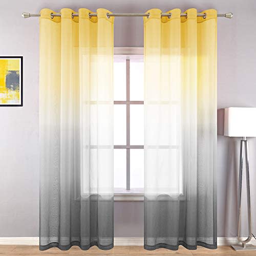 KOUFALL Sheer Curtains 96 Inches Long 2 Panel Set,Semi Sheer Light Filtering Pretty Curtains for Living Room 96 Inch Length,Yellow and Gray