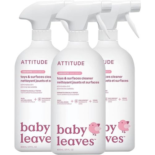 ATTITUDE Toy and Surface Cleaner, Made in Canada, EWG Verified, Plant- and Mineral-Based, Vegan Household Products, Unscented, 800 mL (Pack of 3)