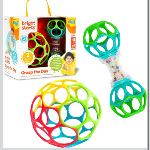 Bright Starts Easy-Grasp Oball Bundle Gift Set - Grasp The Day, Ball and Rattle Toys 2-Pack, BPA Free, Unisex, Newborn+