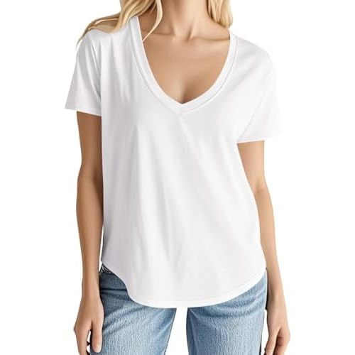 Smile Fish Women Short Sleeve V Neck T-Shirts Loose Fit Tops Summer Casual Top Tees