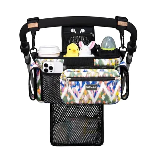 TOPDesign Universal Baby Stroller Organizer, Stroller Caddy with Detachable Mesh Bag & Heightened Insulated Cup Holders & Non-Slip Secure Hooks Accessories, Fits Most Strollers (Colorful)