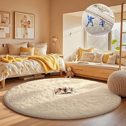 Ophanie Round Rugs 5Ft Ivory Circle Area Rug, Aesthetic Room Decor, Fluffy Fuzzy Bedroom Carpet, Plush Soft Shaggy Cream Living Room Rugs for Kids Home Decor, Nursery