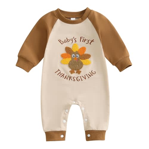 Kuriozud Newborn Baby Boy Thanksgiving Outfit Infant Little Turkey Romper | Thanksgiving Outfit Baby Boy, Long Sleeve Jumpsuit with Cute Turkey for Fall Photos, Thanksgiving Gift, Family Gathering