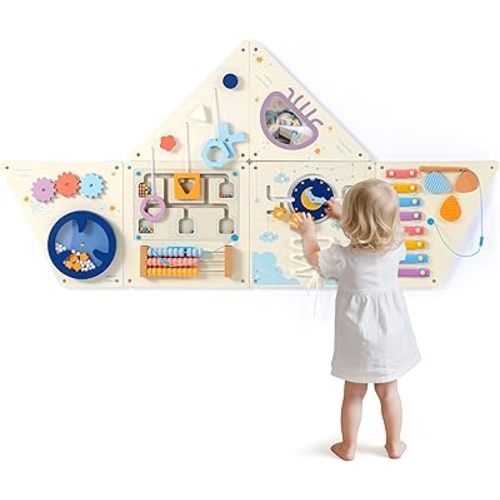 Pillowhale Tangram Activity Wall Busy Board Panels, 12-in-1 Learning Activity Center, Wooden Montessori Sensory Toys for Toddler Playroom, Nursery, Daycare, Classroom, Dentist Waiting Room