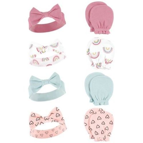 Hudson Baby Infant Girl Cotton Headband and Scratch Mitten Set, Modern Rainbow, 0-6 Months