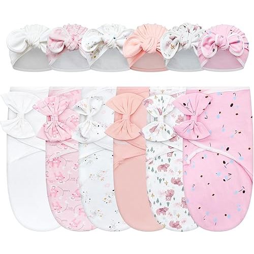 Ramede 6 Pack Swaddle Blanket with Hats for Baby Girl Boy 100% Cotton Swaddles 0-3 Months, Adjustable Breathable Skin Friendly Receiving Blanket Wrap, Essential for Newborns