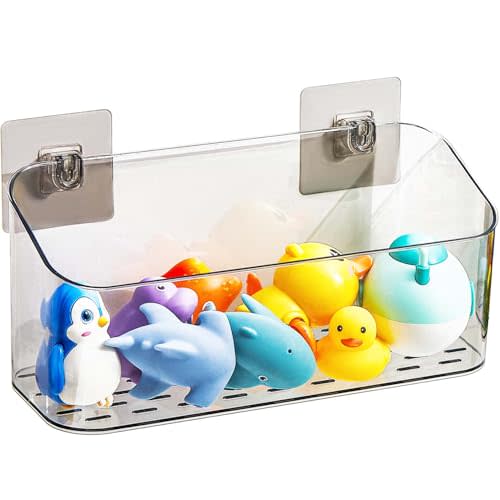 Bath Toy Storage 1 Pack, Large Bath Toy Holder, Quick Dry Bathtub Toys Organizer, Shower Caddy Shower Organizer for Bathroom Storage, No Drill Shelves Basket, Drainable, Clear Black