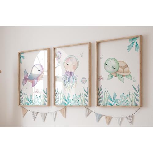 Under The Sea Watercolor Prints, Set of 3 Nursery Wall Art, Girl Mermaid Room Decor, Purple teal Set of 3 Art Prints, Sea turtle,Shipped,294