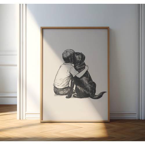 Black Lab with Boy Print, Boy and Labrador Retriever Nursery Poster, Dog Nursery Art, Dog Wall Decor, Dog Vintage Drawing, Boys Room Art