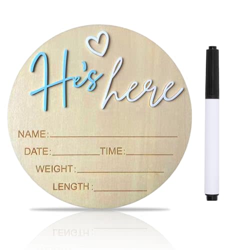 Baby Announcement Sign, ​5.9 Inch Wooden Hello World Newborn Signs, Birth Announcement Sign, Gender Reveal Signs, He's here Decoration, Welcome Newborn Arrival To World, Hospital Nursery for Baby