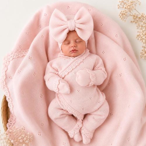 Pink Baby Girl Coming Home Outfit, 6 Piece Newborn Set with Bonnet, Soft Knit Baby Set, Bow Headband, Hospital Outfit, Baby Gift