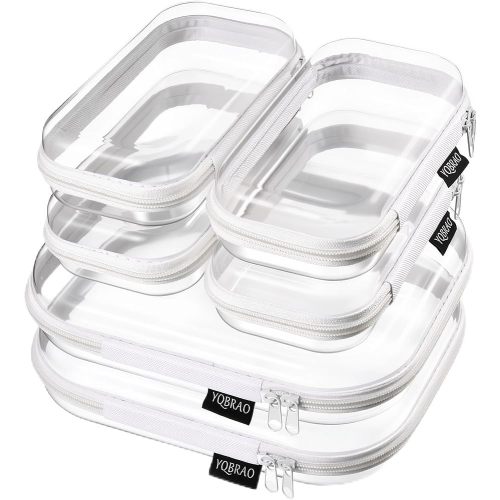 YQBRAO 6 Pack Clear Hard Shell Beauty Organizer (2M+4S), 1.2mm Crush-Proof Cosmetic Case, Reinforced YKK Zippers, Stadium Approved Security Bag for Skincare, Toiletries & Electronics, Multi-Size Set