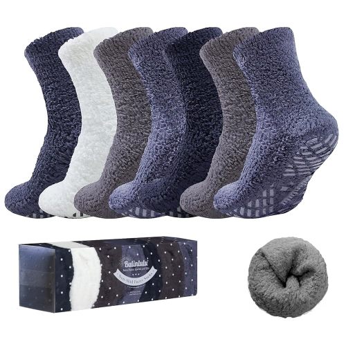 Bulinlulu Fuzzy Socks with Grips Plush Sleep Cozy Winter Soft Hospital Fluffy Socks Gifts for Womens Mens Gifts