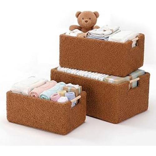 3 Set Sherpa Fleece Storage Baskets Diaper Caddy Organizer Toys Storage Baskets Gift for Baby Shower Decorative Bin Nursery Organizer Closet Portable Brown Changing Table